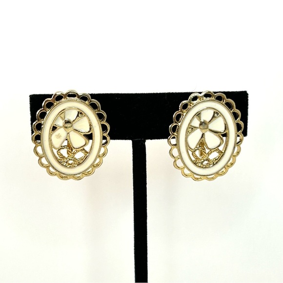 Gold Tone Cream Enamel Clip On Earrings 1.20”L - Picture 5 of 6